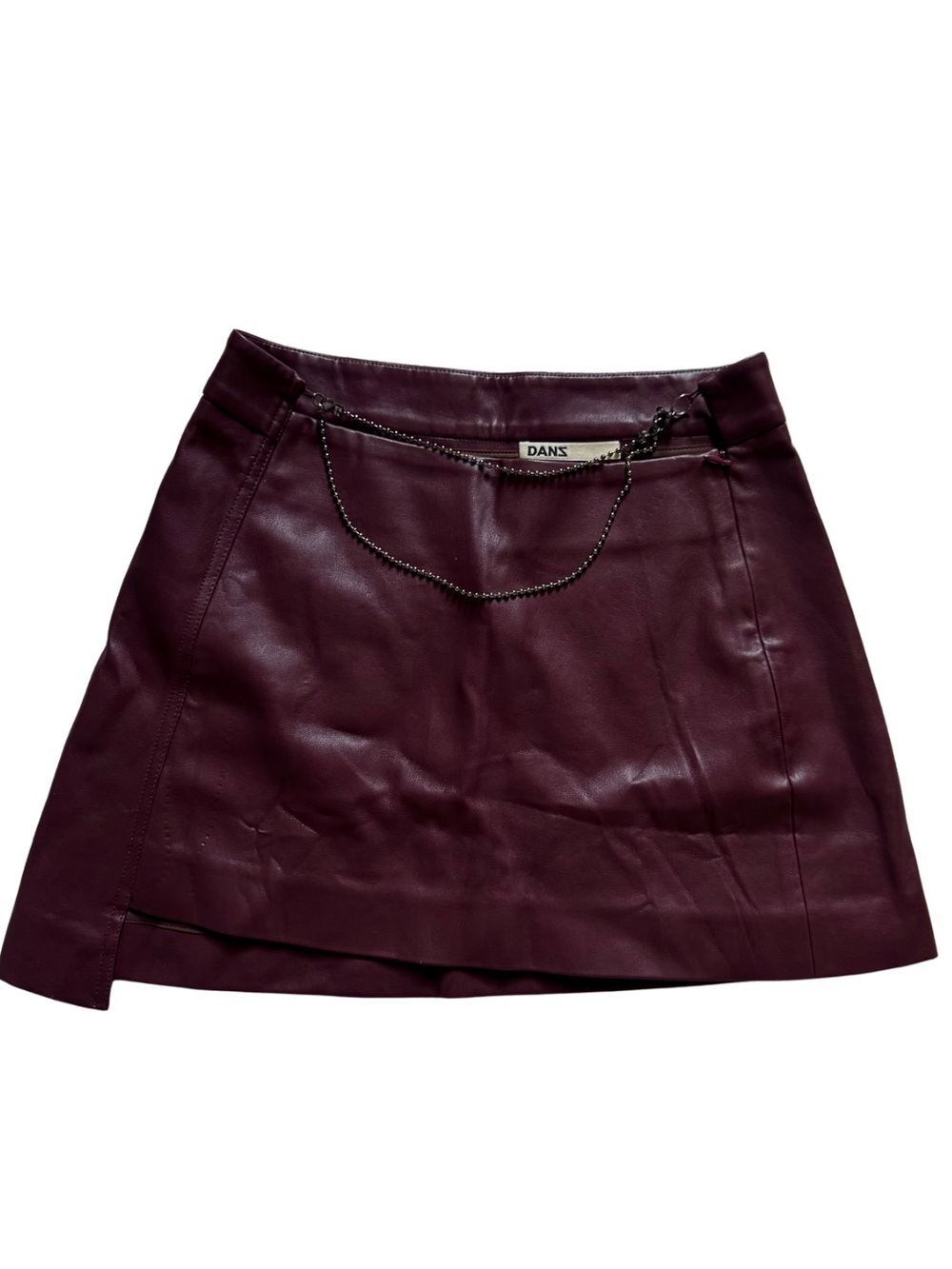 DANZNY Cherry Merlot Leather Mini Skirt with Chain Link Detail